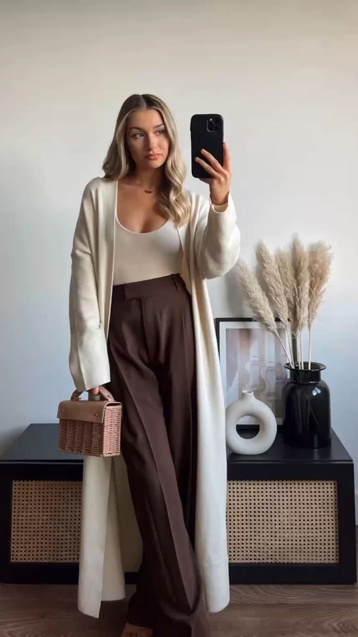 Cream Cardigan with Brown Pants